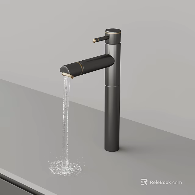Sleek Modern Black Faucet With Flowing Water On Gray Countertop 3d model 