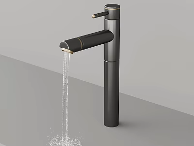Sleek Modern Black Faucet With Flowing Water On Gray Countertop 3d model