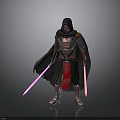 Sci Fi Warrior Character With Black Cloak Red Accents And Twin Pink Lightsabers