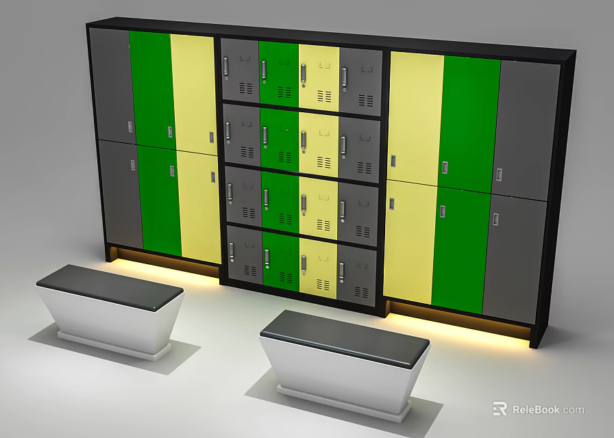 Modern Locker Storage Setup With Green Yellow Gray Lockers And White Benches 3d model 