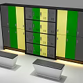 Modern Locker Storage Setup With Green Yellow Gray Lockers And White Benches