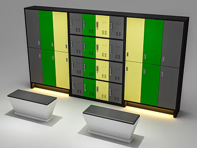 Modern Locker Storage Setup With Green Yellow Gray Lockers And White Benches 3d model