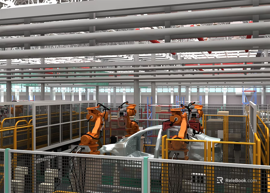 Industrial Robots Operating In Automated Factory With Metal Structures And Yellow Guardrails 3d model 