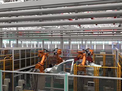 Industrial Robots Operating In Automated Factory With Metal Structures And Yellow Guardrails 3d model