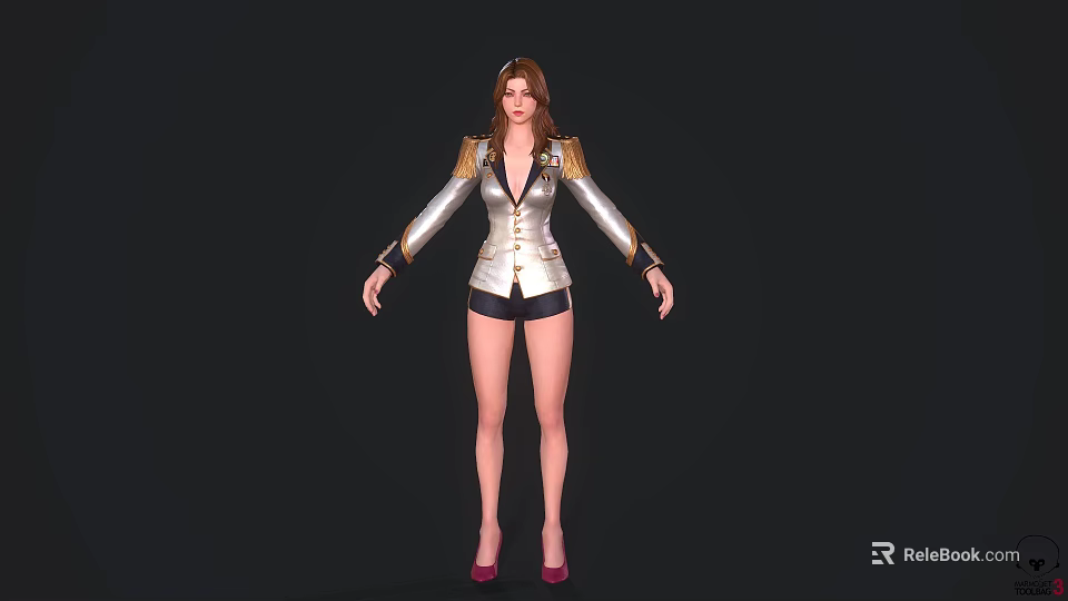 Woman in silver jacket with gold decorations black shorts red high heels and brown hair 3d model 