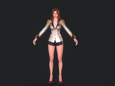 Woman in silver jacket with gold decorations black shorts red high heels and brown hair 3d model