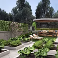 Elegant Garden Landscape With Covered Seating Area Wooden Deck Outdoor Sofas And Greenery