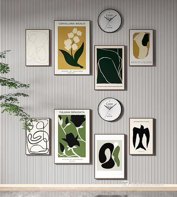 Modern Wall Art Display With Framed Prints Abstract Patterns Clock And Green Plant 3d model