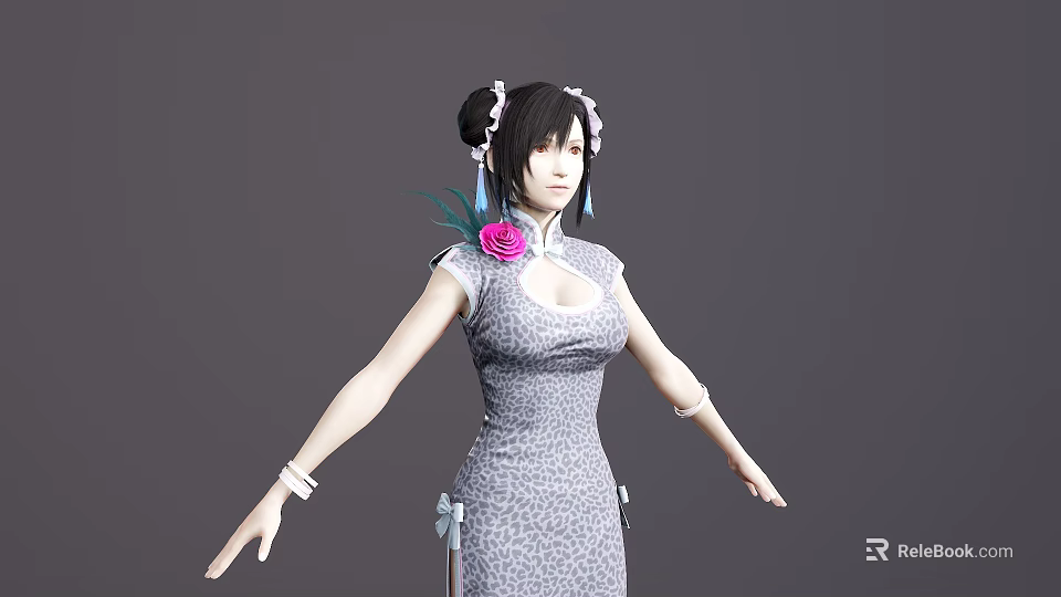 Woman in Gray Patterned Cheongsam With Pink Flower on Chest Bun Hairstyle and Hair Accessories 3d model 