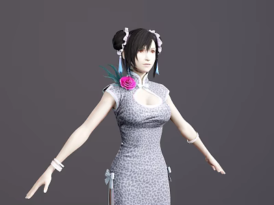 Woman in Gray Patterned Cheongsam With Pink Flower on Chest Bun Hairstyle and Hair Accessories 3d model