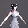 Woman in Gray Patterned Cheongsam With Pink Flower on Chest Bun Hairstyle and Hair Accessories