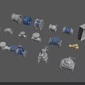 Assorted Industrial Mechanical Parts With Valves Pumps And Pipe Fittings Blue White Yellow