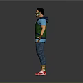 Game Movie Character with Mask Green Vest Blue T-shirt Mechanical Arm Blue Jeans Red Sneakers