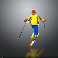 Skier Skiing With Poles Skis In Yellow Gray Jacket Red Hat Gloves On Gray Background