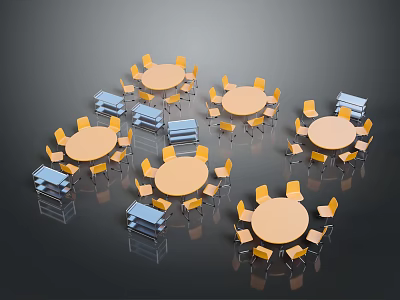 Multiple Round Dining Tables With Yellow Chairs And Blue Storage Cabinets 3d model