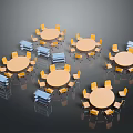 Multiple Round Dining Tables With Yellow Chairs And Blue Storage Cabinets 3d model