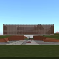 Modern Office Building Exterior With Green Lawn Large CAMP Sign Glass Curtain Wall And Trees