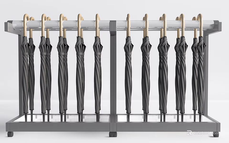 Modern Metal Umbrella Stand With Wooden Hooks And Black Folded Umbrellas 3d model 
