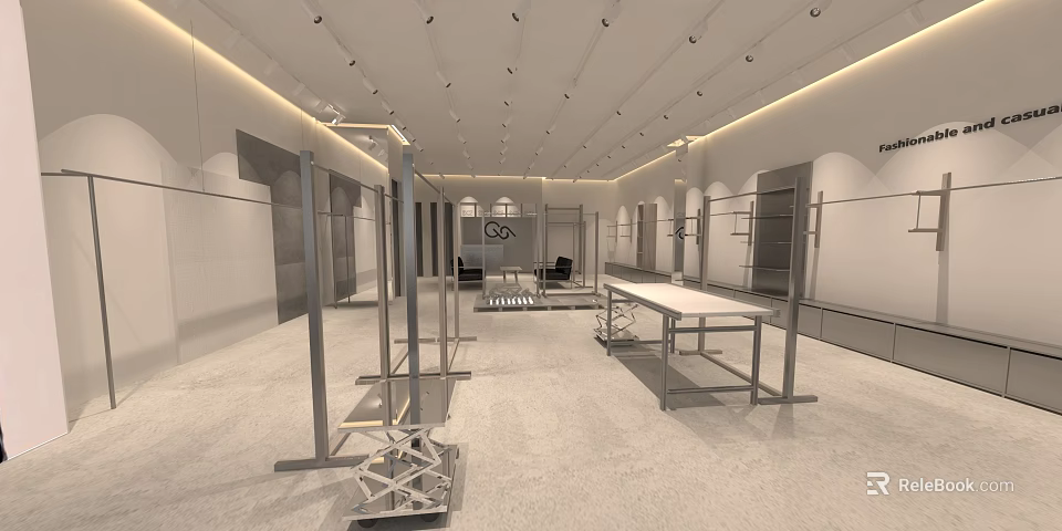 Modern Clothing Store Interior With Metal Display Racks And White Shelving Units 3d model 