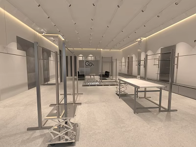 Modern Clothing Store Interior With Metal Display Racks And White Shelving Units 3d model