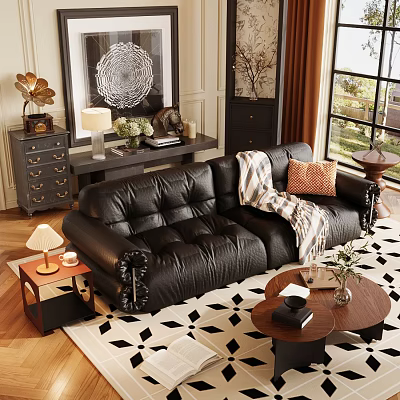 Leather Sofa And Wooden Coffee Table Set With Throw Blanket Accent Pillow In Living Room 3d model