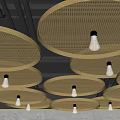 Multiple Decorative Lights With Round Perforated Panels And Exposed Bulbs On Ceiling 3d model
