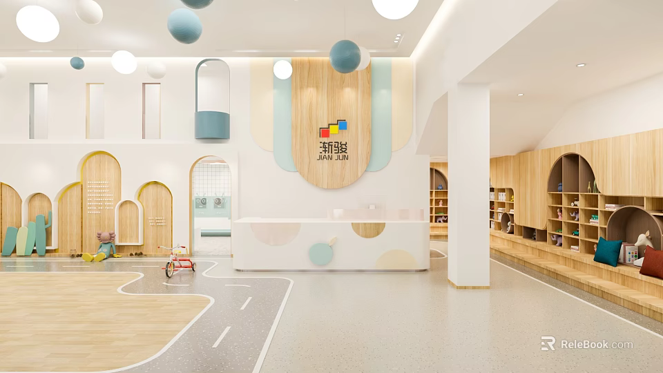 Kindergarten Interior Design With Blue Beige Walls Wooden Decor Round Pendant Lights Kids Play Area 3d model 