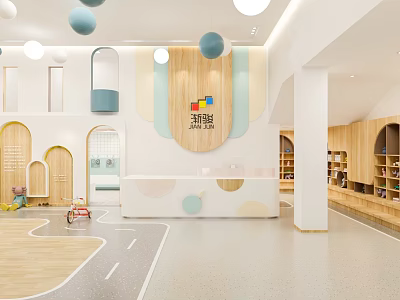 Kindergarten Interior Design With Blue Beige Walls Wooden Decor Round Pendant Lights Kids Play Area 3d model