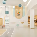 Kindergarten Interior Design With Blue Beige Walls Wooden Decor Round Pendant Lights Kids Play Area