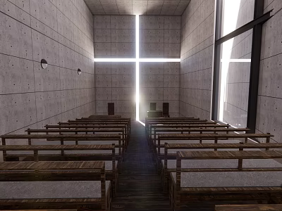 Religious Faith Worship Church Interior With Wooden Pews Cross And Natural Light 3d model