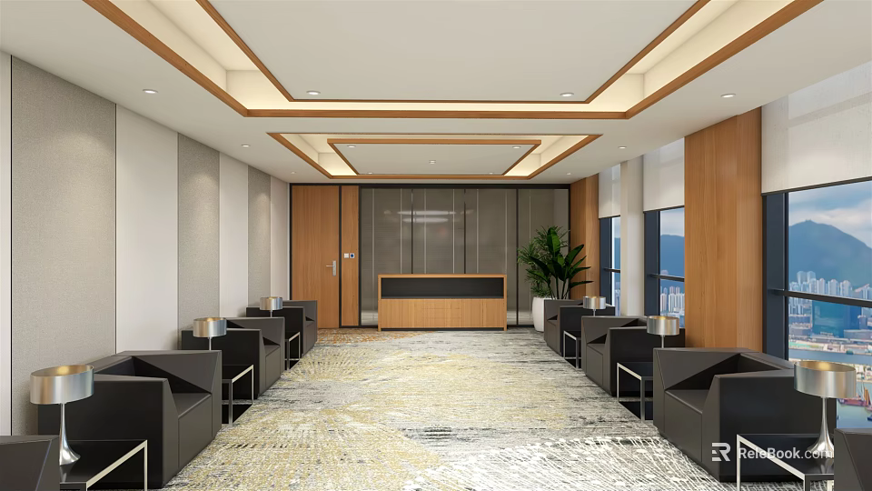 Hotel Public Lounge Area With Black Sofas Reception Desk Wooden Walls And Large Windows 3d model 