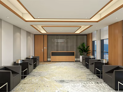 Hotel Public Lounge Area With Black Sofas Reception Desk Wooden Walls And Large Windows 3d model
