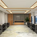 Hotel Public Lounge Area With Black Sofas Reception Desk Wooden Walls And Large Windows