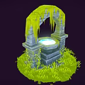 Cartoon Scene Of Moss Covered Stone Arch With Glowing Pool On Pedestal And Green Grass