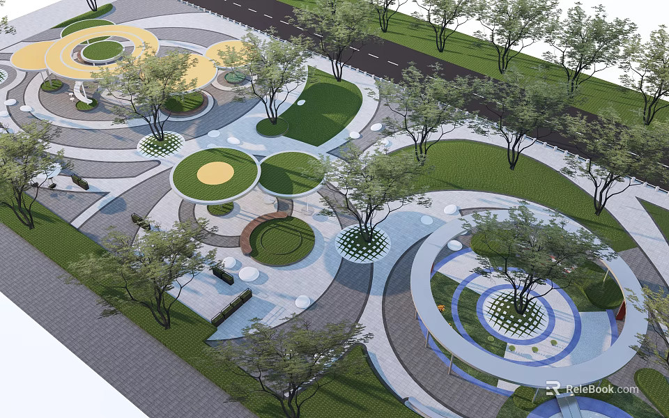 Modern Park Landscape With Circular Designs Green Trees And Winding Paths 3d model 