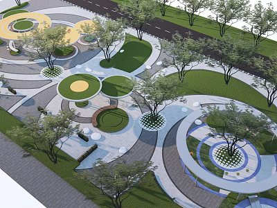Modern Park Landscape With Circular Designs Green Trees And Winding Paths 3d model