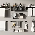 Essential Bathroom Accessories Including Towels Shelves Toiletry Bottles Mirror And Hooks