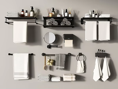 Essential Bathroom Accessories Including Towels Shelves Toiletry Bottles Mirror And Hooks 3d model