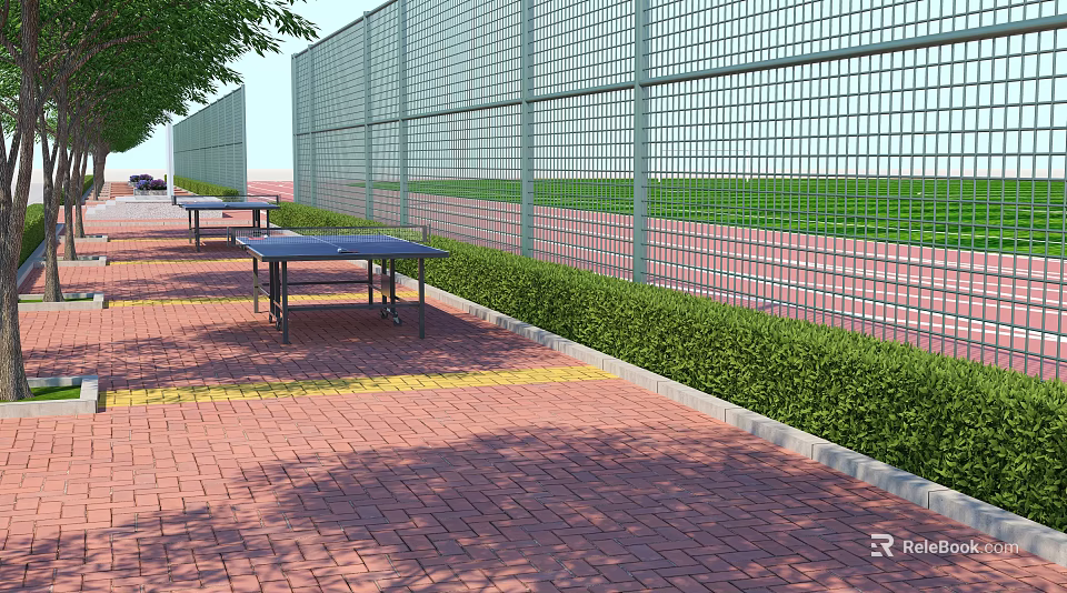 School Outdoor Sports Area With Table Tennis Tables Green Lawn And Red Track 3d model 