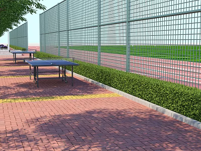 School Outdoor Sports Area With Table Tennis Tables Green Lawn And Red Track 3d model