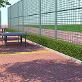 School Outdoor Sports Area With Table Tennis Tables Green Lawn And Red Track