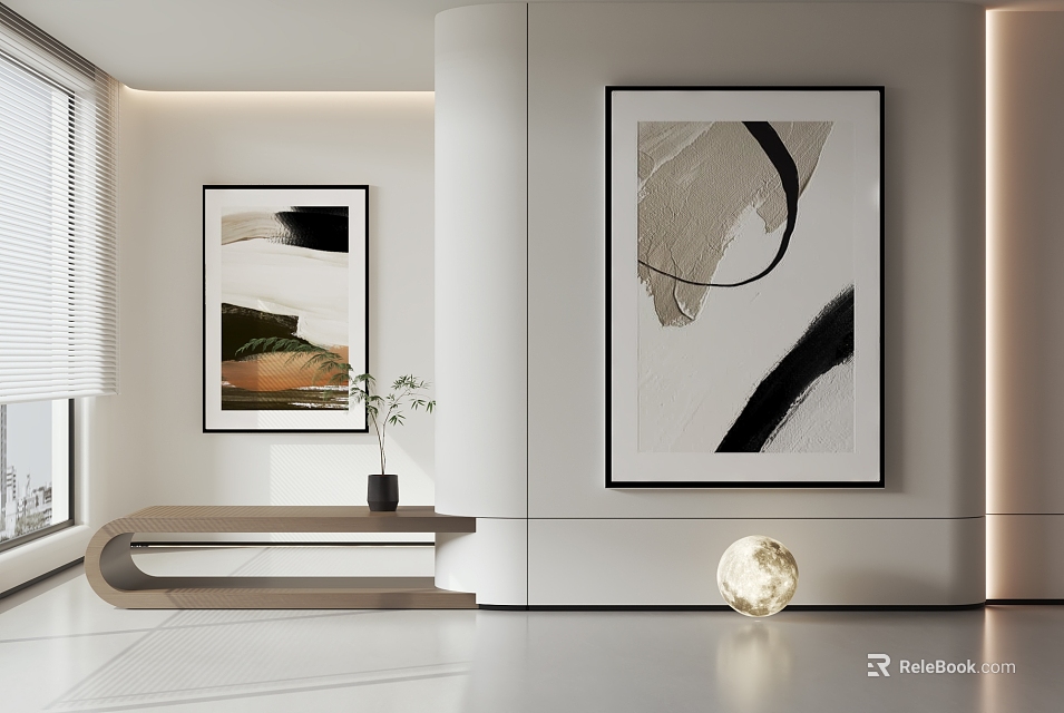 Modern Interior With Abstract Paintings Wooden Bench And Golden Spherical Sculpture 3d model 
