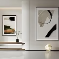 Modern Interior With Abstract Paintings Wooden Bench And Golden Spherical Sculpture
