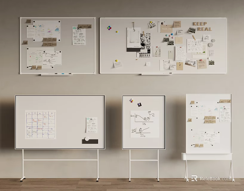 Assorted Display Boards With Creative Materials In Workspace 3d model 