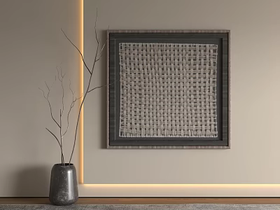 Woven Square Artwork With Dark Frame And Gray Vase With Twigs On Light Wall 3d model