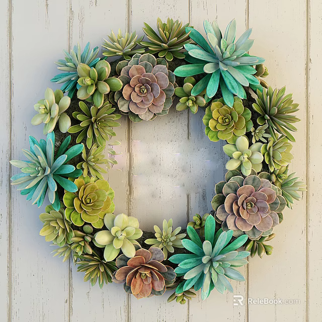 Succulent Wreath Decor with Mixed Green Pink Plants Hanging on White Wooden Wall 3d model 