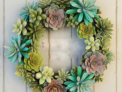 Succulent Wreath Decor with Mixed Green Pink Plants Hanging on White Wooden Wall 3d model