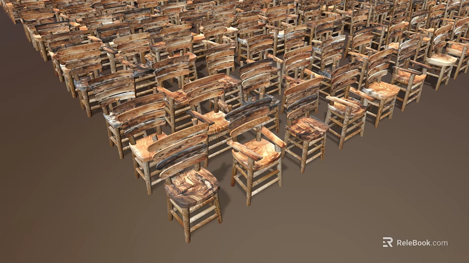 Many Handcrafted Wooden Chairs With Natural Wood Grain Neatly Arranged In Rustic Design 3d model 