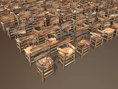 Many Handcrafted Wooden Chairs With Natural Wood Grain Neatly Arranged In Rustic Design 3d model