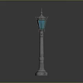 Vintage Street Lamps With Silver Poles Blue Shades Spire Decorations And Carved Bases